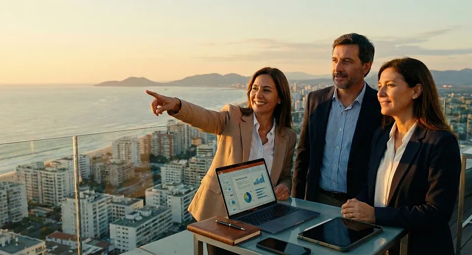 Equipo de CICA360 señalando el horizonte urbano al atardecer